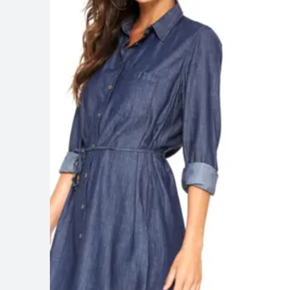Button-Front Chambray Shirt Dress in Navy - Picture 1 of 10